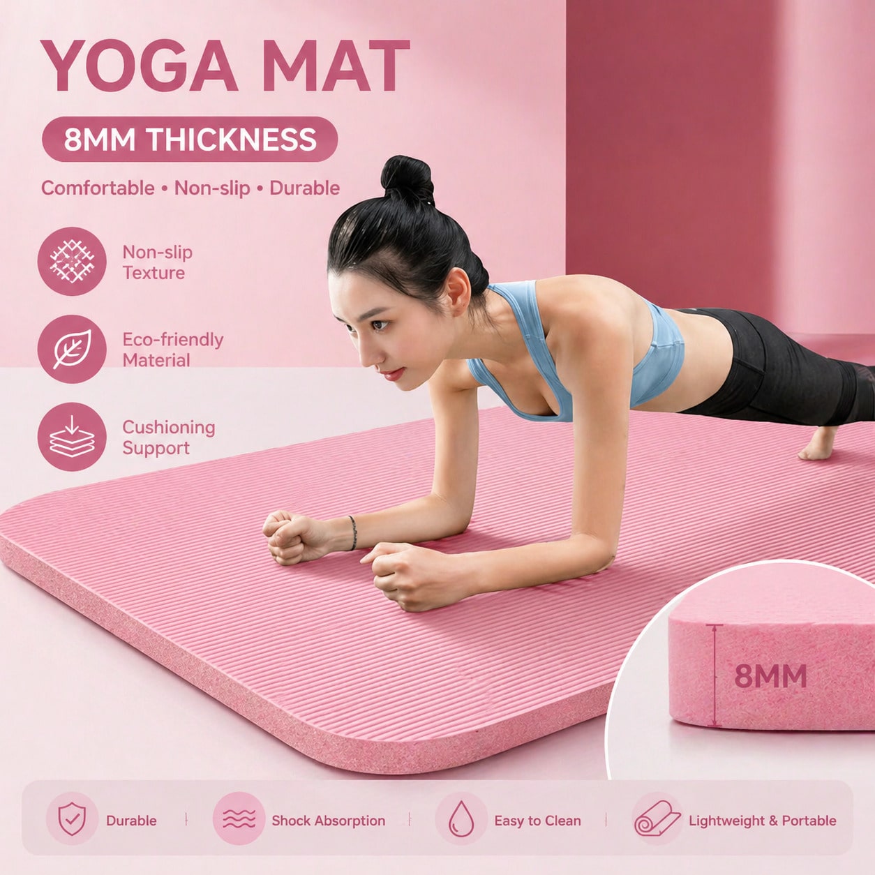 Pilates Yoga Mat Workout - 185*61CM Pink Non Slip Yoga Mat